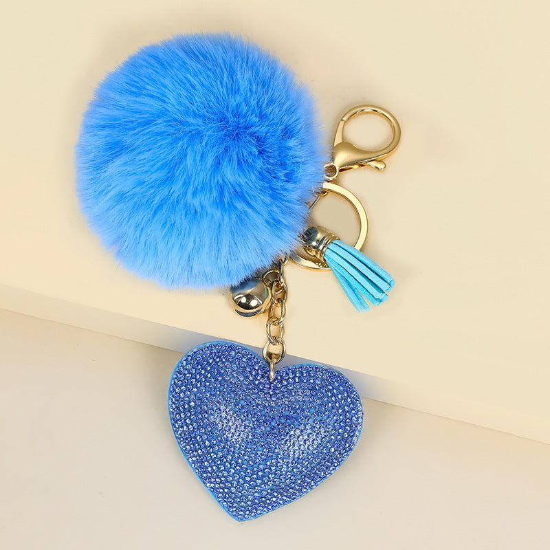 Wholesale of 50pcs Velvet Inlaid Diamond Heart Tassel Zinc Alloy Keychain